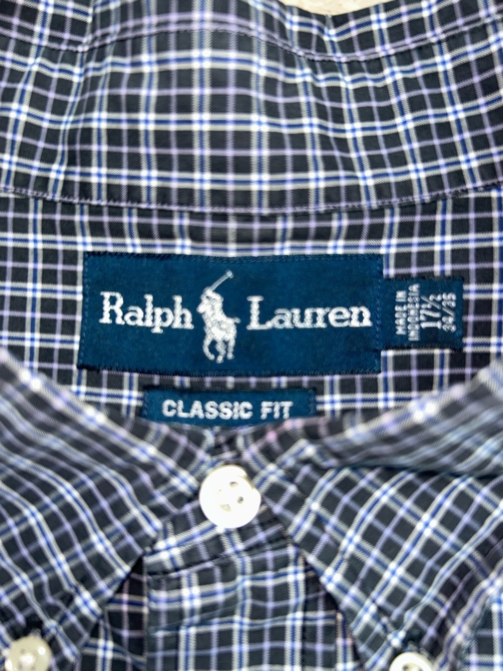 Ralph Lauren Classic Fit Button-Down Plaid Shirt in Navy and Black  17.5 34/35